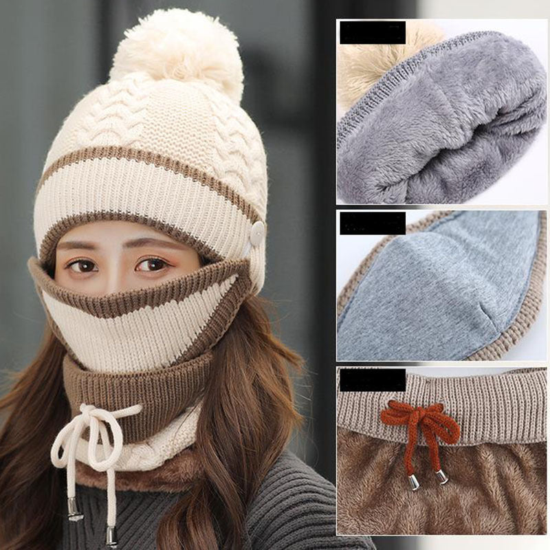 Knitted beanie, scarf, and mask set for women beige