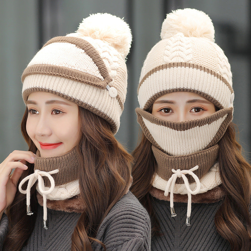 Warm winter hat with mask for women beige