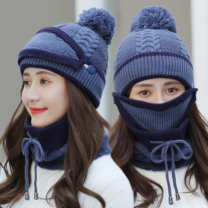 Warm winter hat with mask for women dark blue