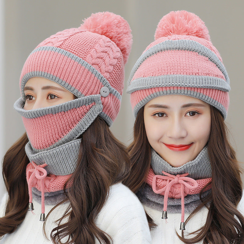 Warm winter hat with mask for women pink