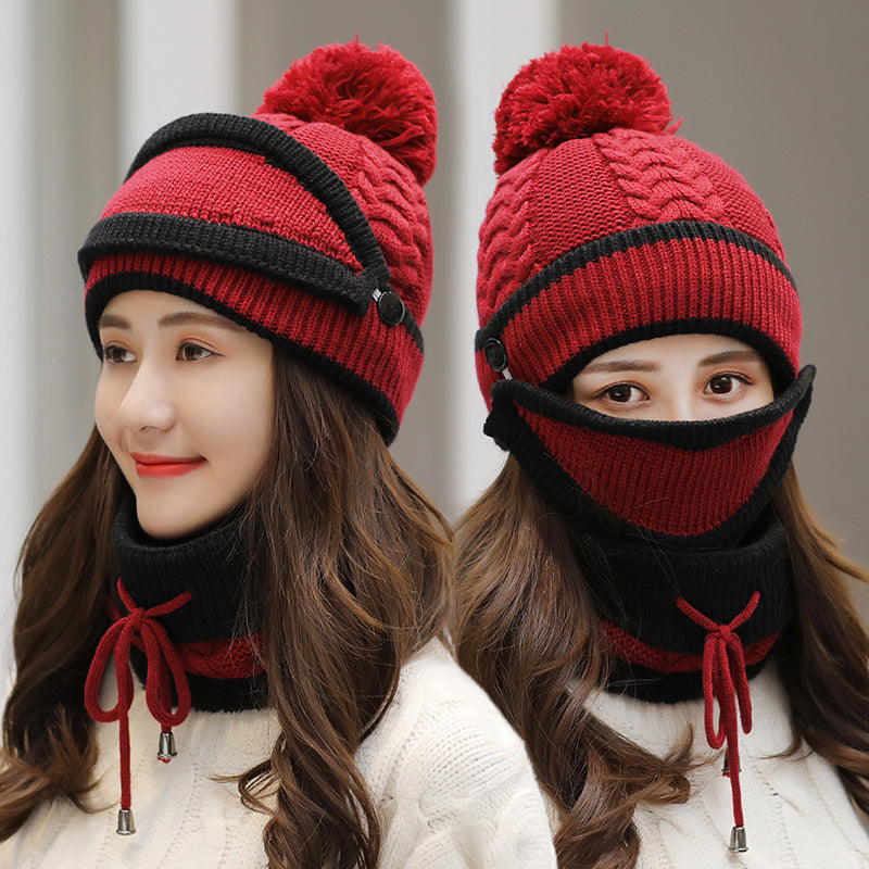 Warm winter hat with mask for women red