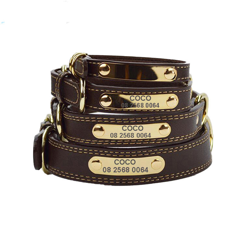 Genuine leather dog collar with engraved nameplate