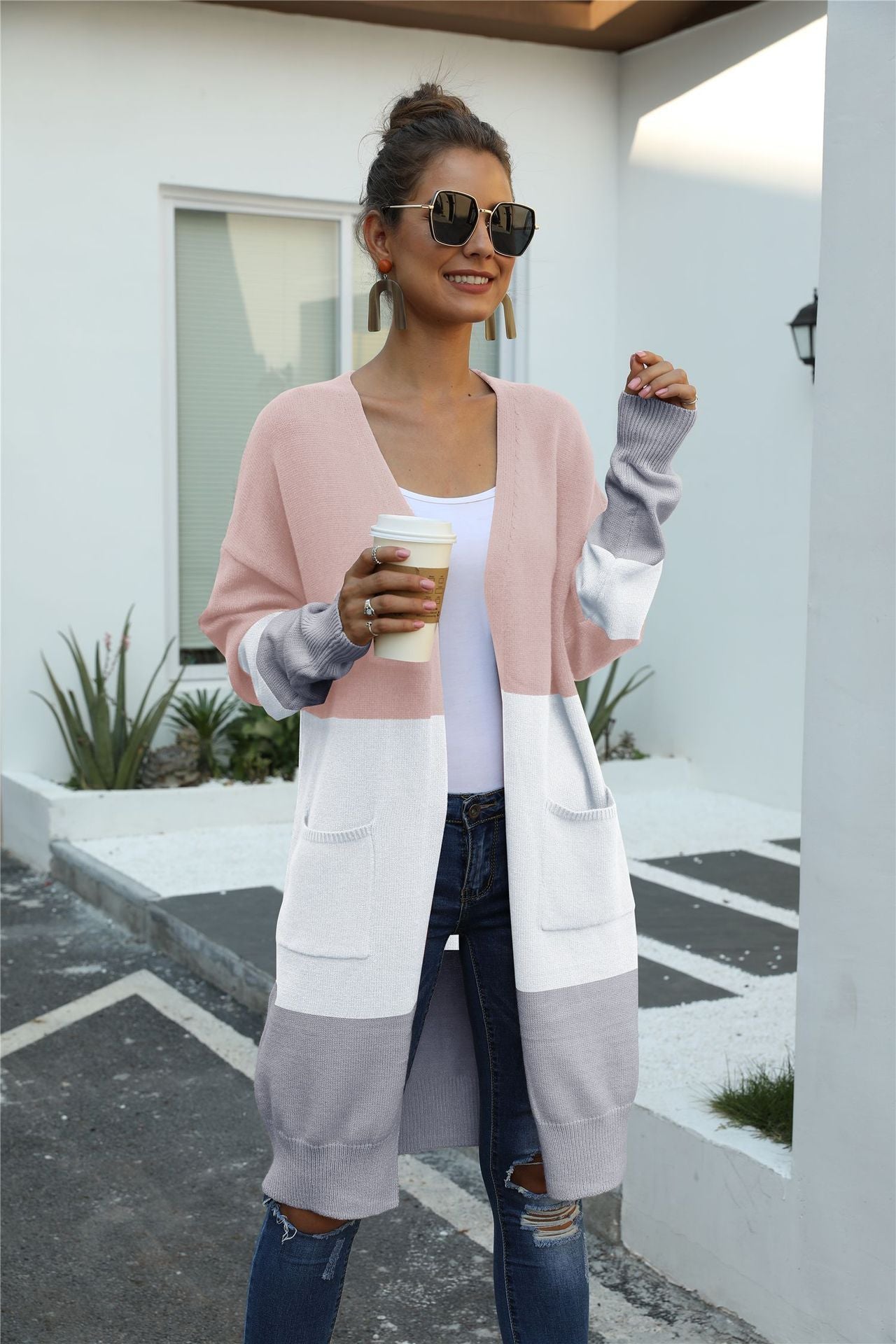 Cardigan stitching coat sweater for women Pink White Gray