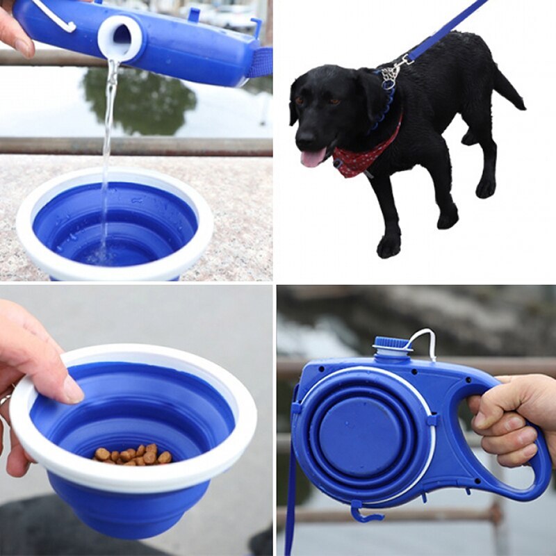 Pet leash with water bottle and cup