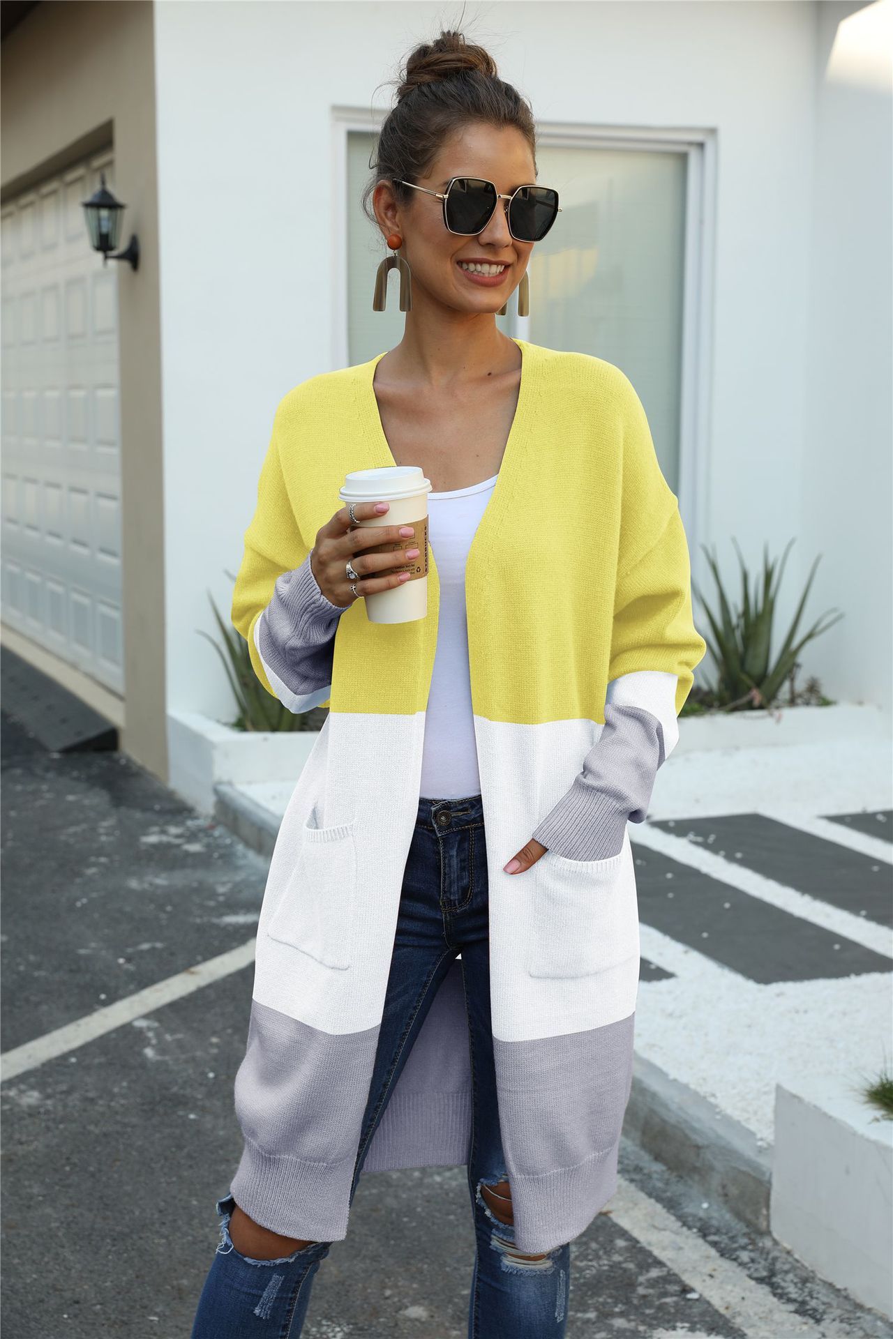 Cardigan stitching coat sweater for women Yellow White Gray