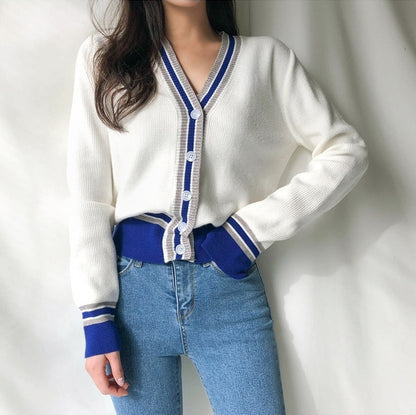 Temperament colorblock cardigan sweater for women