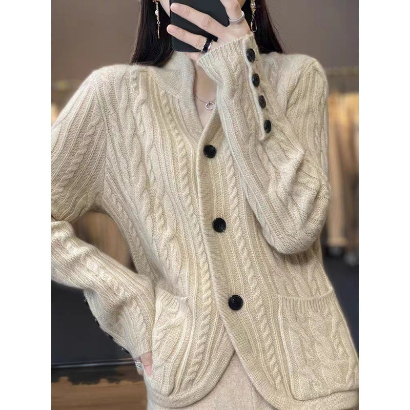 Knitted wool jacket with pockets for women