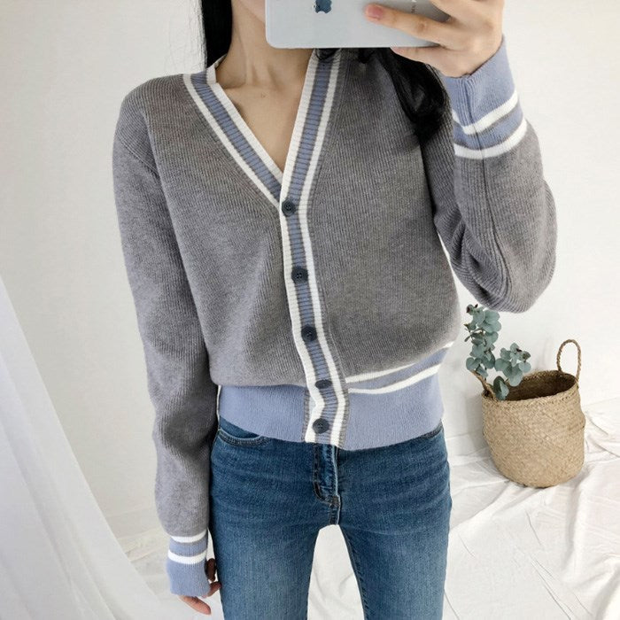 Temperament colorblock cardigan sweater for women