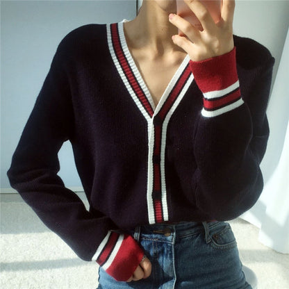 Temperament colorblock cardigan sweater for women