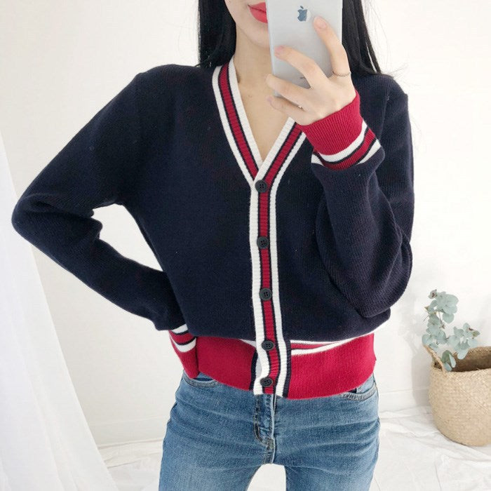 Temperament colorblock cardigan sweater for women