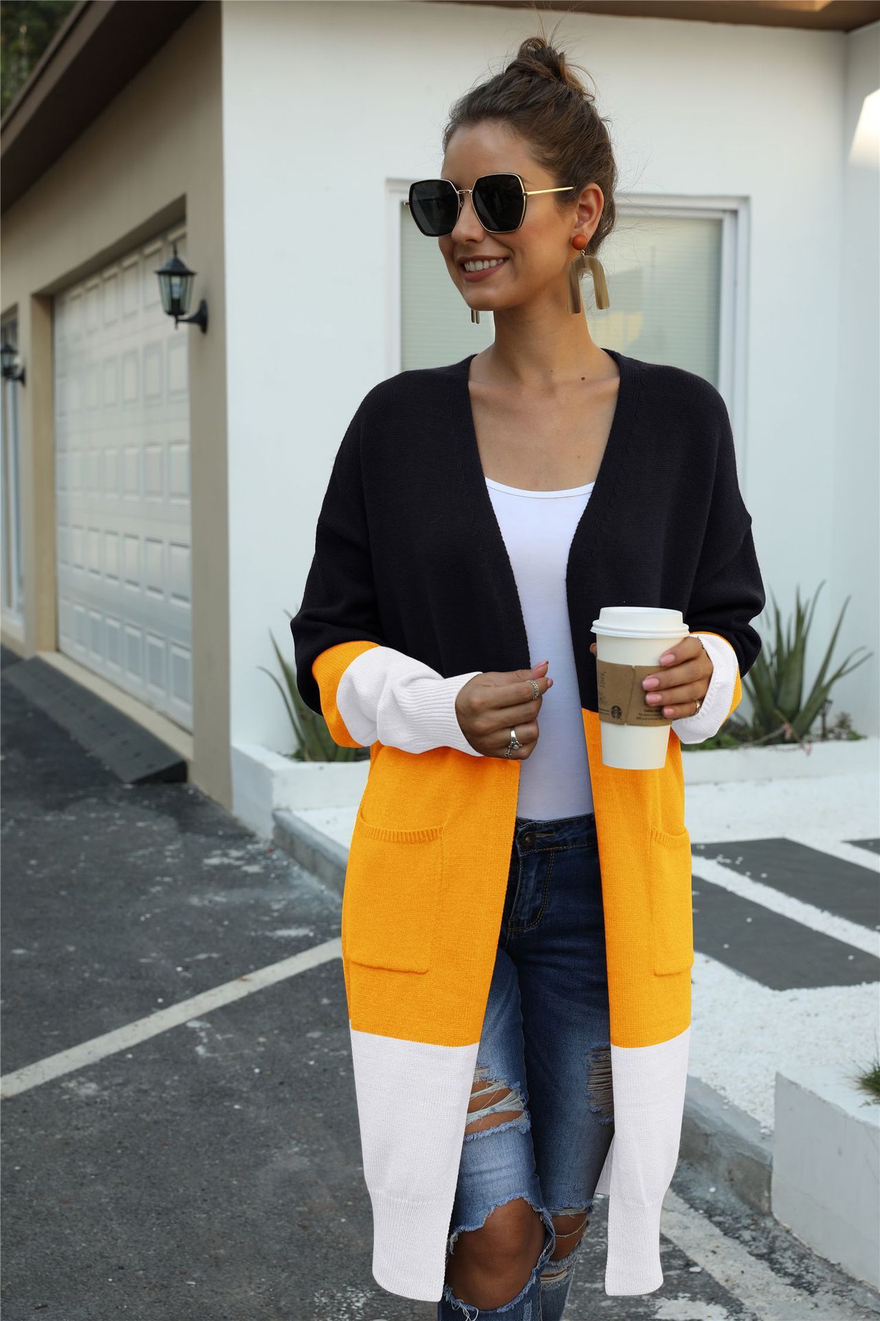 Stylish women’s cardigan with stitching design - Black Yellow White