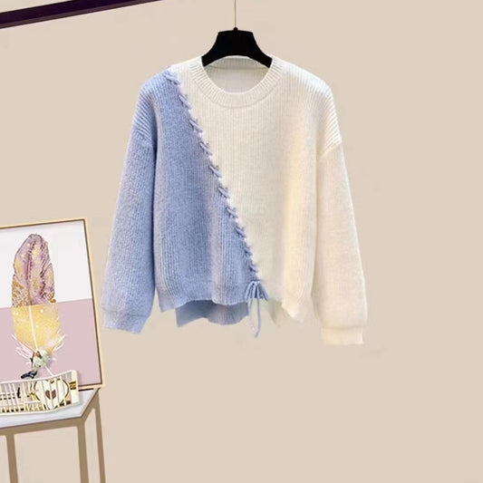 Chic women's cashmere color-block sweater - Sky Blue