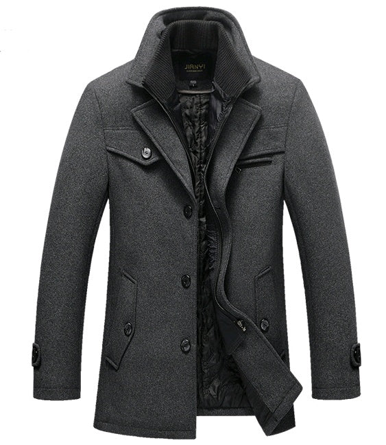 Men's long section wool coat with double collar