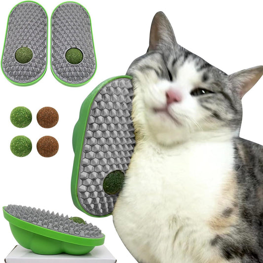 Cat self-groomer brush and catnip wall balls green gray