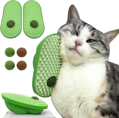 Cat self-groomer brush and catnip wall balls green