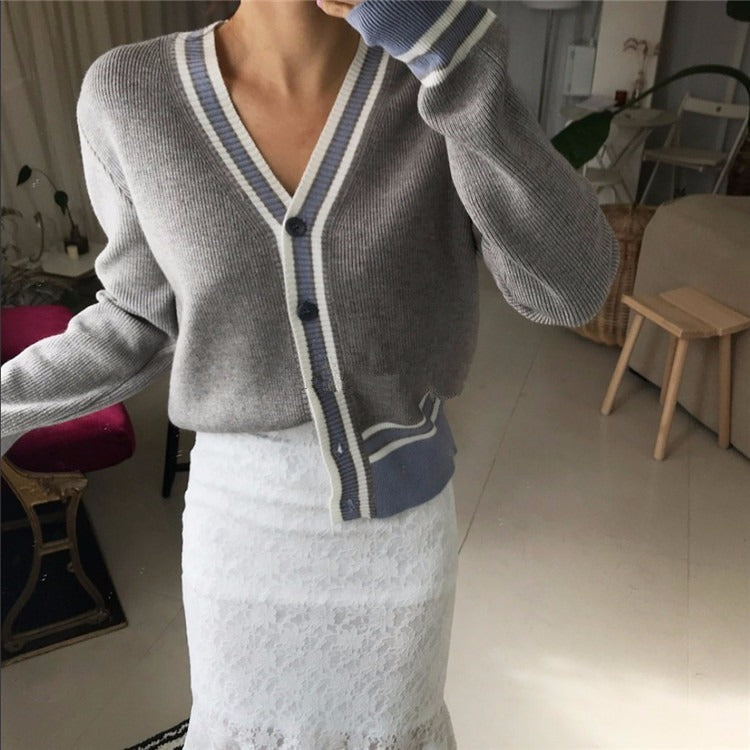 Temperament colorblock cardigan sweater for women