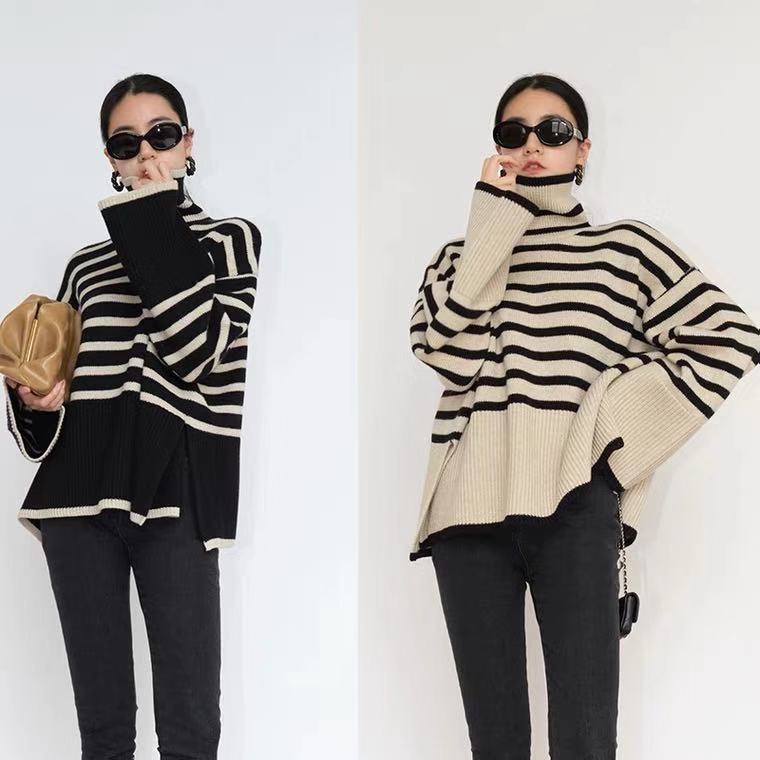 Chic striped turtleneck sweater with trendy slit design twin fit black and white comparison