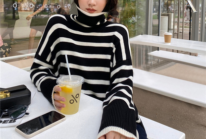 Stylish turtleneck sweater with slit design black all season fit