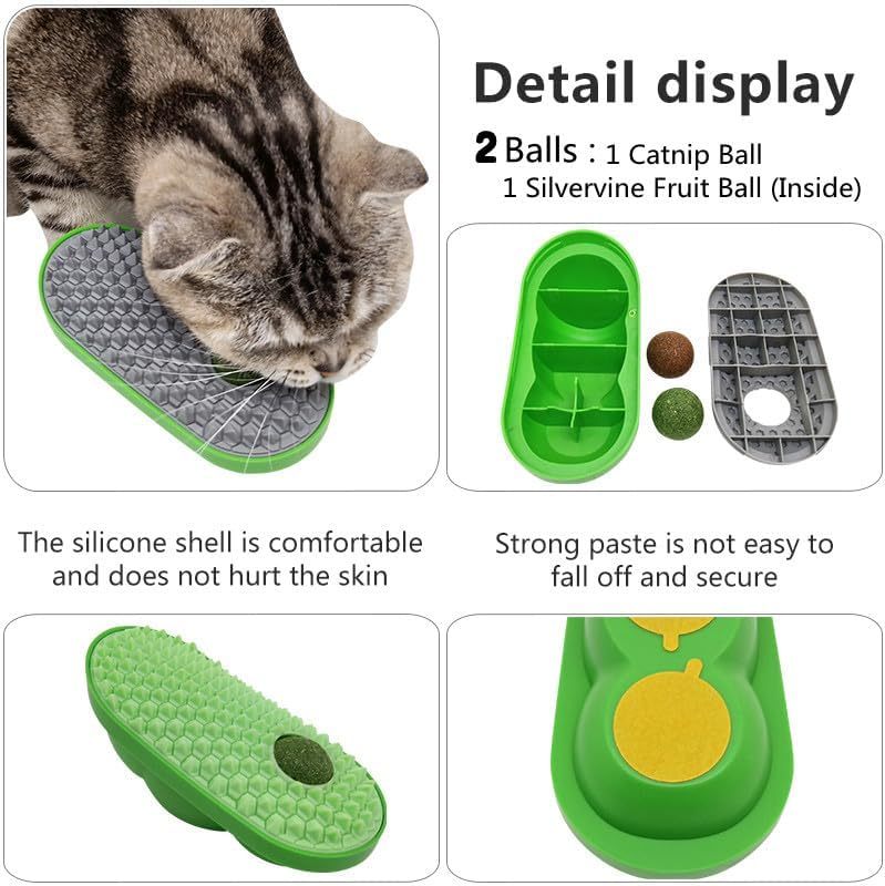 Cat self-groomer brush and catnip wall balls Detail display