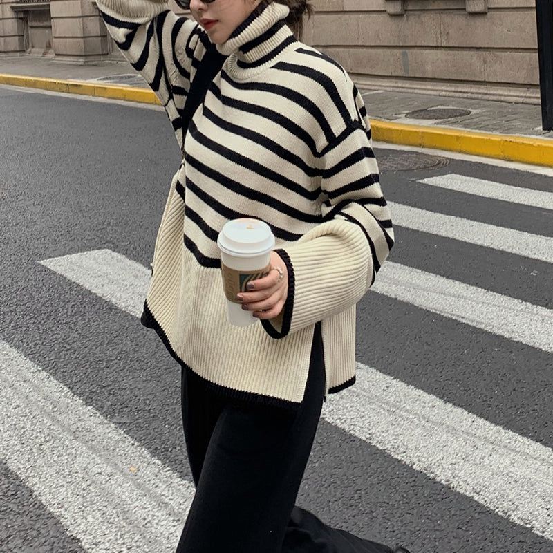 Stylish turtleneck sweater with slit design cream woman walking