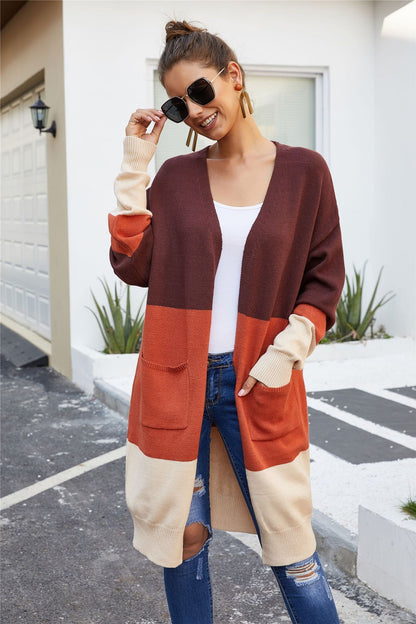 Cardigan stitching coat sweater for women Red Orange Cream