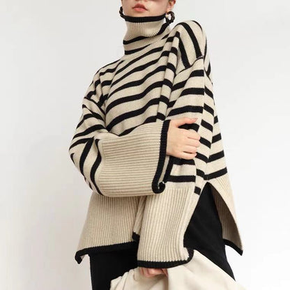 Casual loose fit striped sweater for women white cream