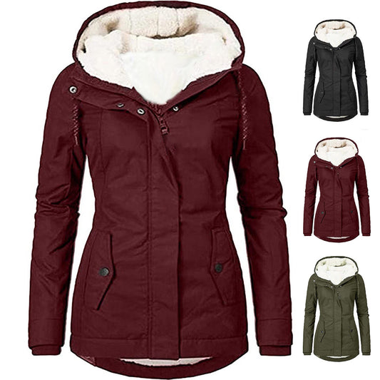 Solid color pocket long-sleeve zipper fleece padded coat for women