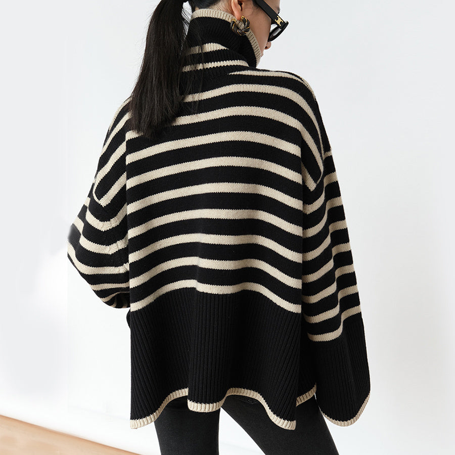 Chic striped turtleneck sweater with trendy slit design Black