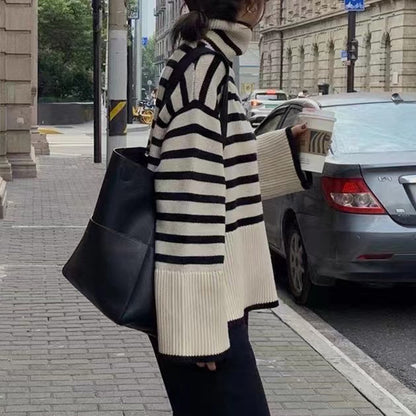 Stylish turtleneck sweater with slit design cream waiting for cab