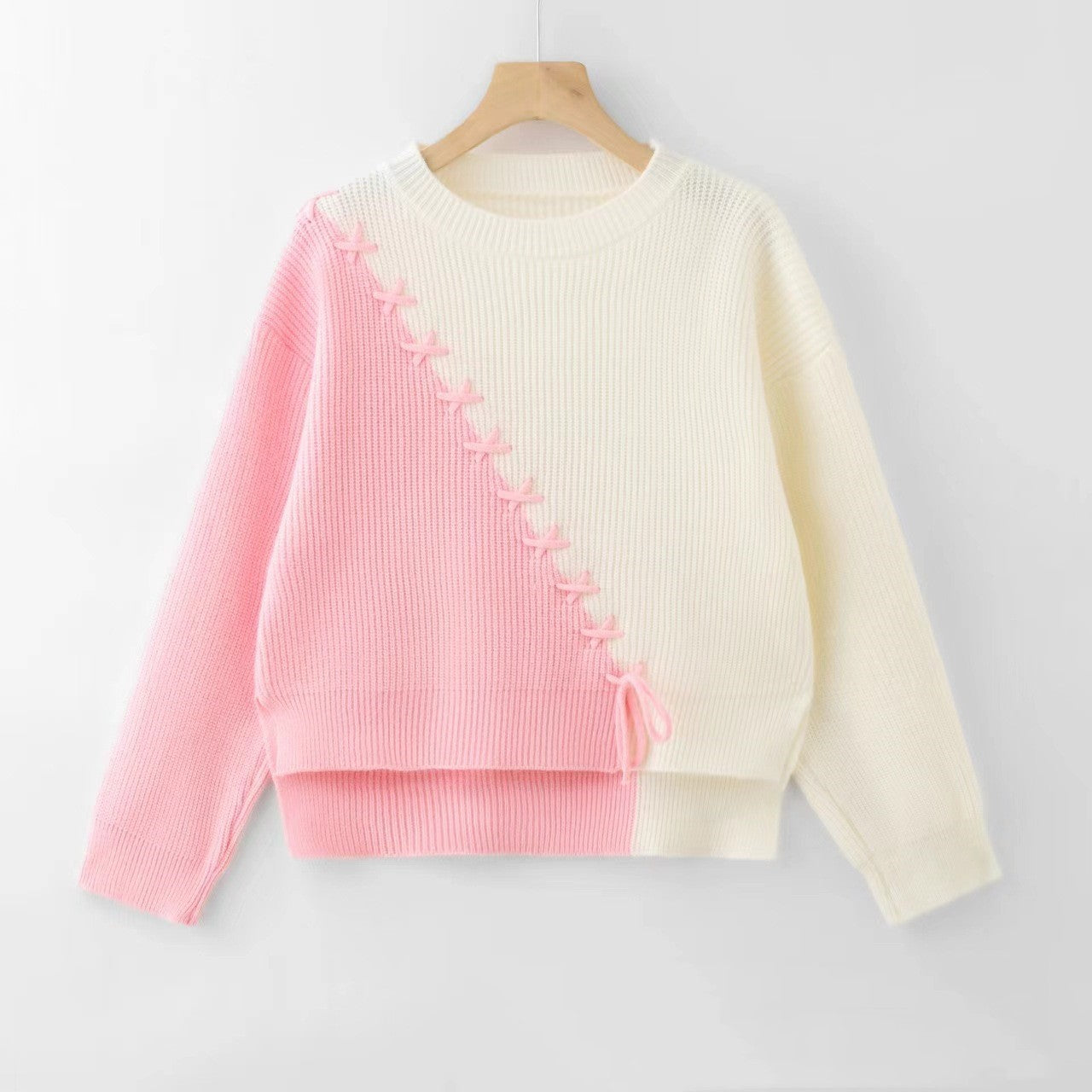 Elegant color-block sweater in cashmere Pink