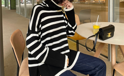 Stylish turtleneck sweater with slit design black outdoor