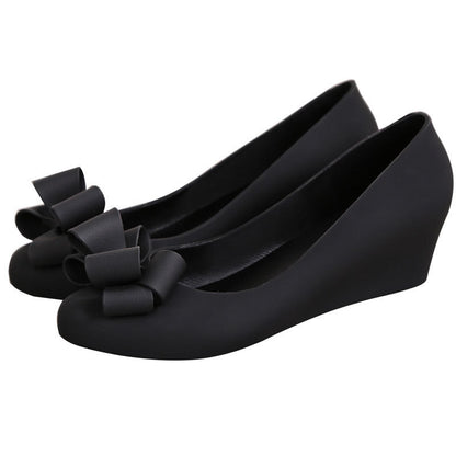 Fashionable women’s bowknot wedge heel jelly shoes Black